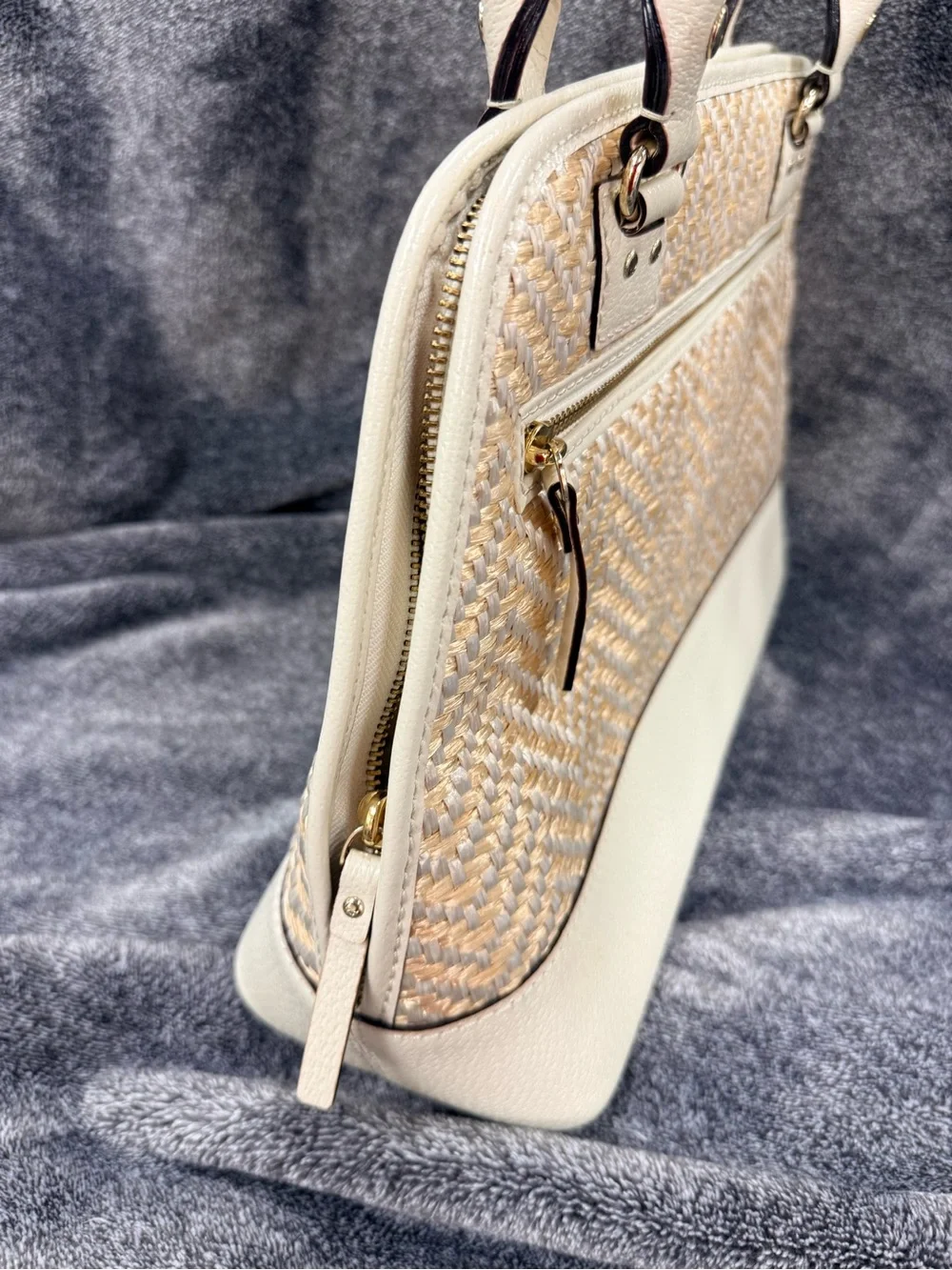 kate spade Cream Woven Dome Tote with White Trim
